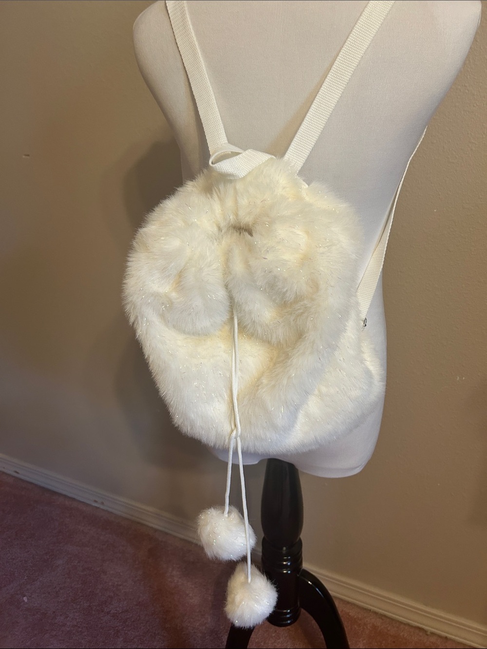 Old Navy Cream Faux Fur Drawstring Backpack with Pom Poms